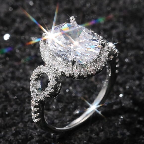 💥Beautiful Hollow Oval Pure Zircon Cubic Carved Macro Pave Silver Rings, K812 - Picture 1 of 6